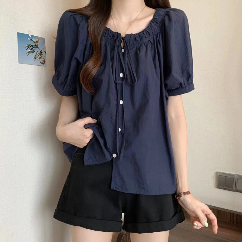 法式甜美系带短袖衬衫女夏季大码微胖mm洋气小衫别致独特褶皱上衣