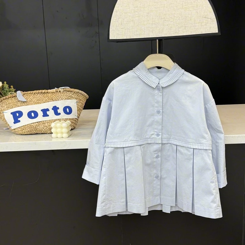 【现货】leomama女童琴褶下摆蓝色长款衬衫儿童春时尚独特气质衬衣