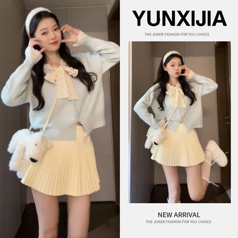 入秋一整套女装2024新款韩版甜美蕾丝花边显瘦针织衫百褶裙两件套