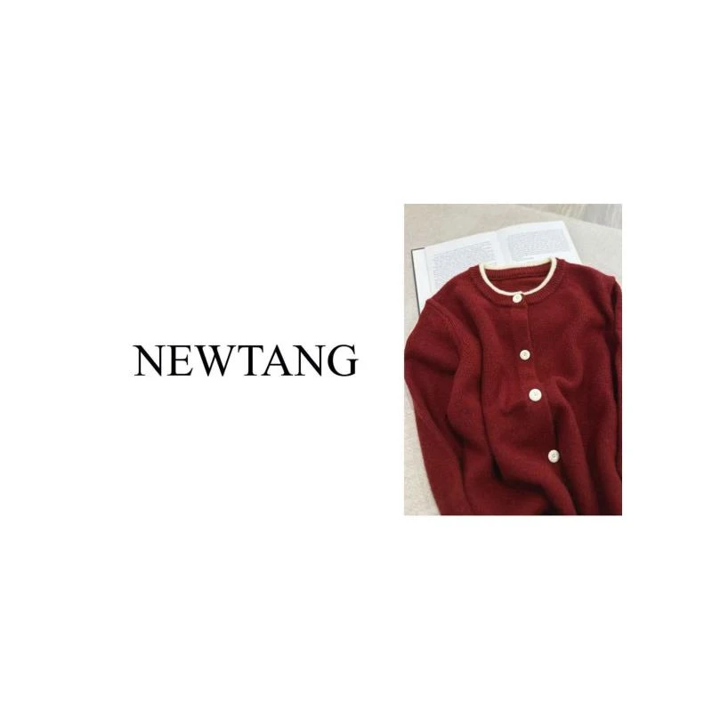 【拼色白扣】025简约休闲圆领针织衫秋冬季上衣 红色