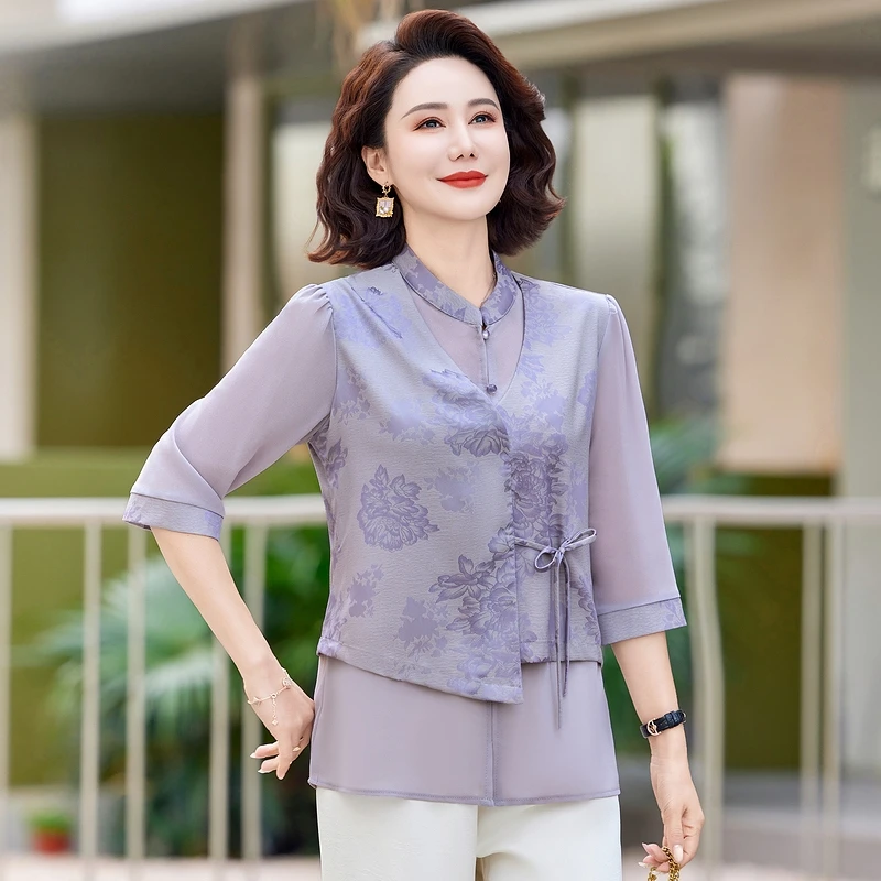 2025洋气中式国风上衣休闲妈妈碎花假两件中老年衬衫女装中年小衫