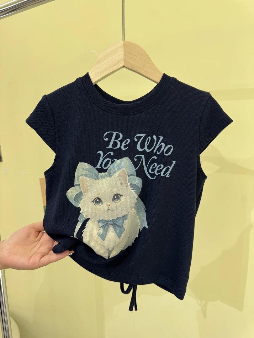 女宝卡通猫咪女童夏季童装套装蕾丝韩版新款2025350百搭藏青印花