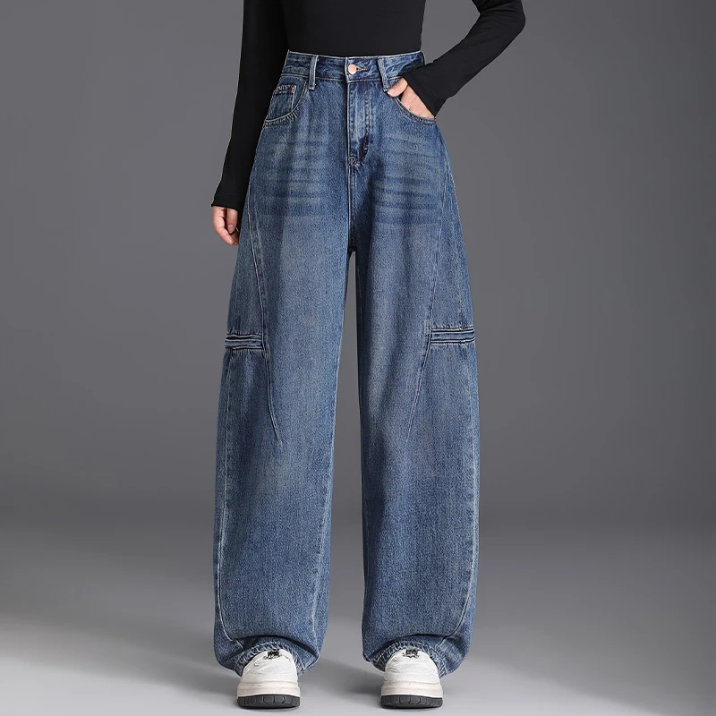 阔腿直筒裤高腰宽松大码牛仔裤女2025春秋新款拼接设计感老爹裤子