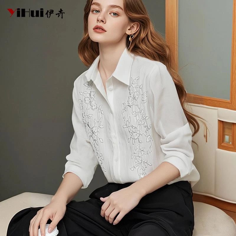YIHUI伊卉欧洲站重工刺绣花衬衫女设计感钉珠上衣长袖SL245260