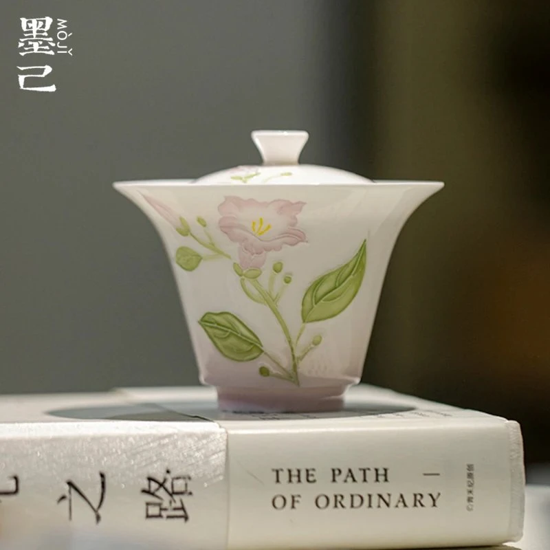 手绘白瓷绯花二才盖碗家用陶瓷功夫茶具手抓碗釉下小清新泡茶碗