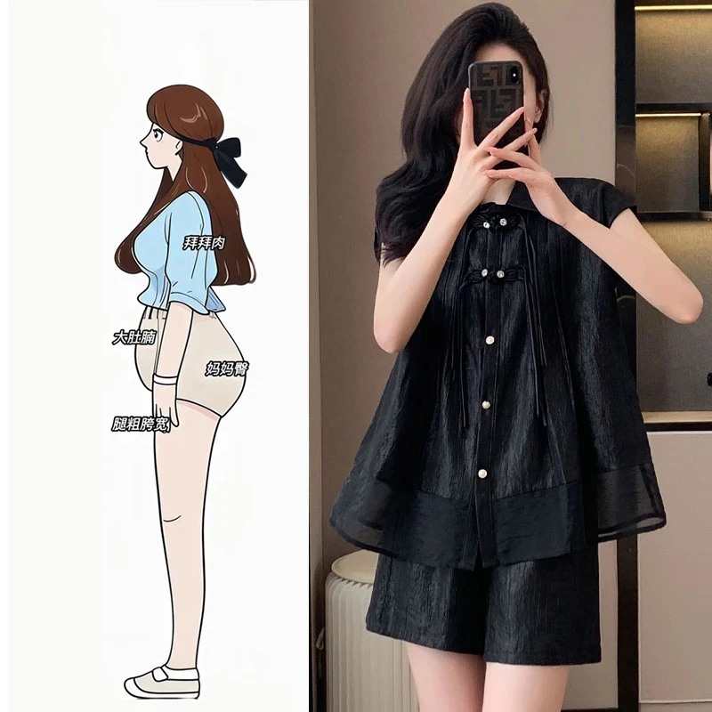 大码女装休闲时尚套装女夏季新款提花复古盘扣衬衫+短裤两件套装