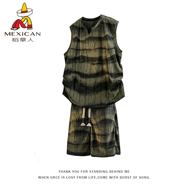 稻草人条纹扎染背心套装男士夏季新款美式休闲时尚运动短裤两件套