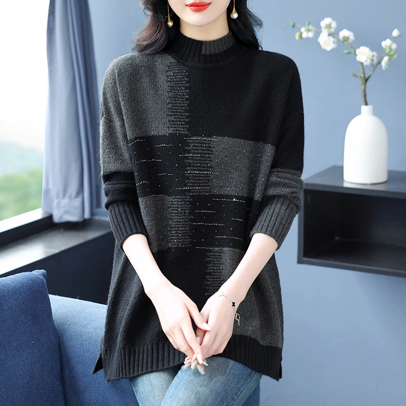 pingedixin/品哥弟新款半高领拼色时尚针织衫秋冬加厚女款毛衣