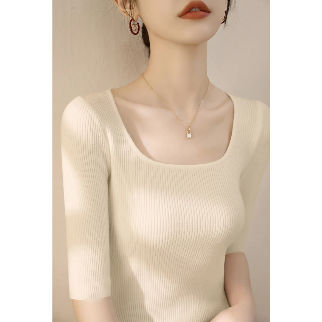 高级时尚气质五分袖打底针织衫秋季新款方领U领修身套头上衣女装