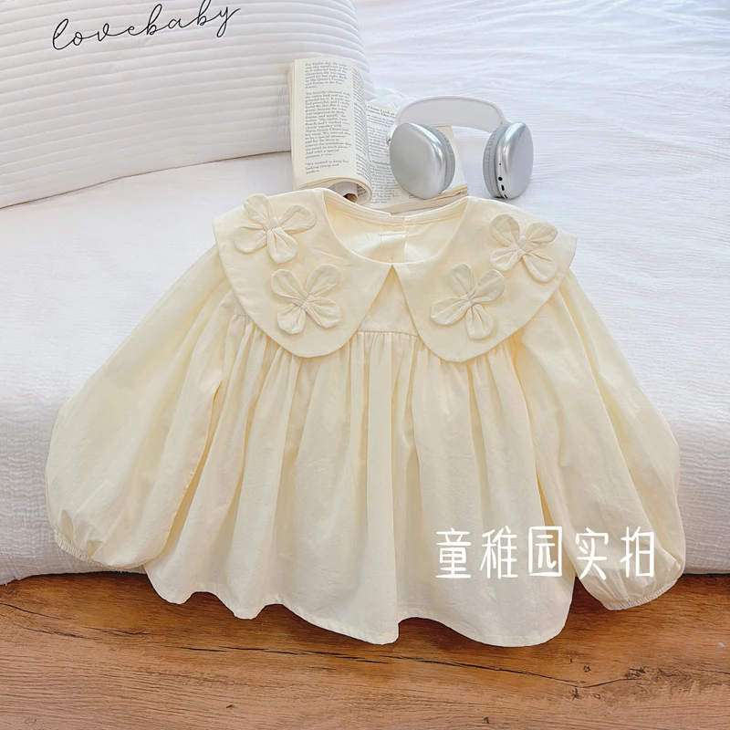 女童学院风新款娃娃领衬衫春秋款时尚立体花朵洋气森系春装上衣潮