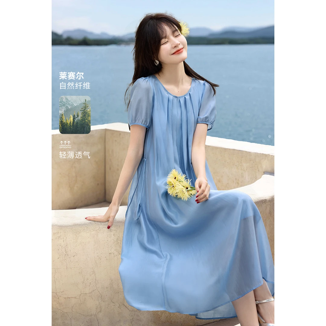 沫晗依美2025夏季新款海边度假风本布系带收腰显瘦飘逸连衣裙9584