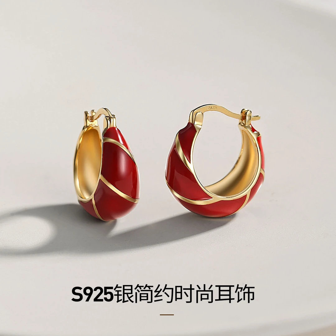 925银耳饰 S925银中国红拼色新年高级感国潮风秋冬小众圆圈耳饰