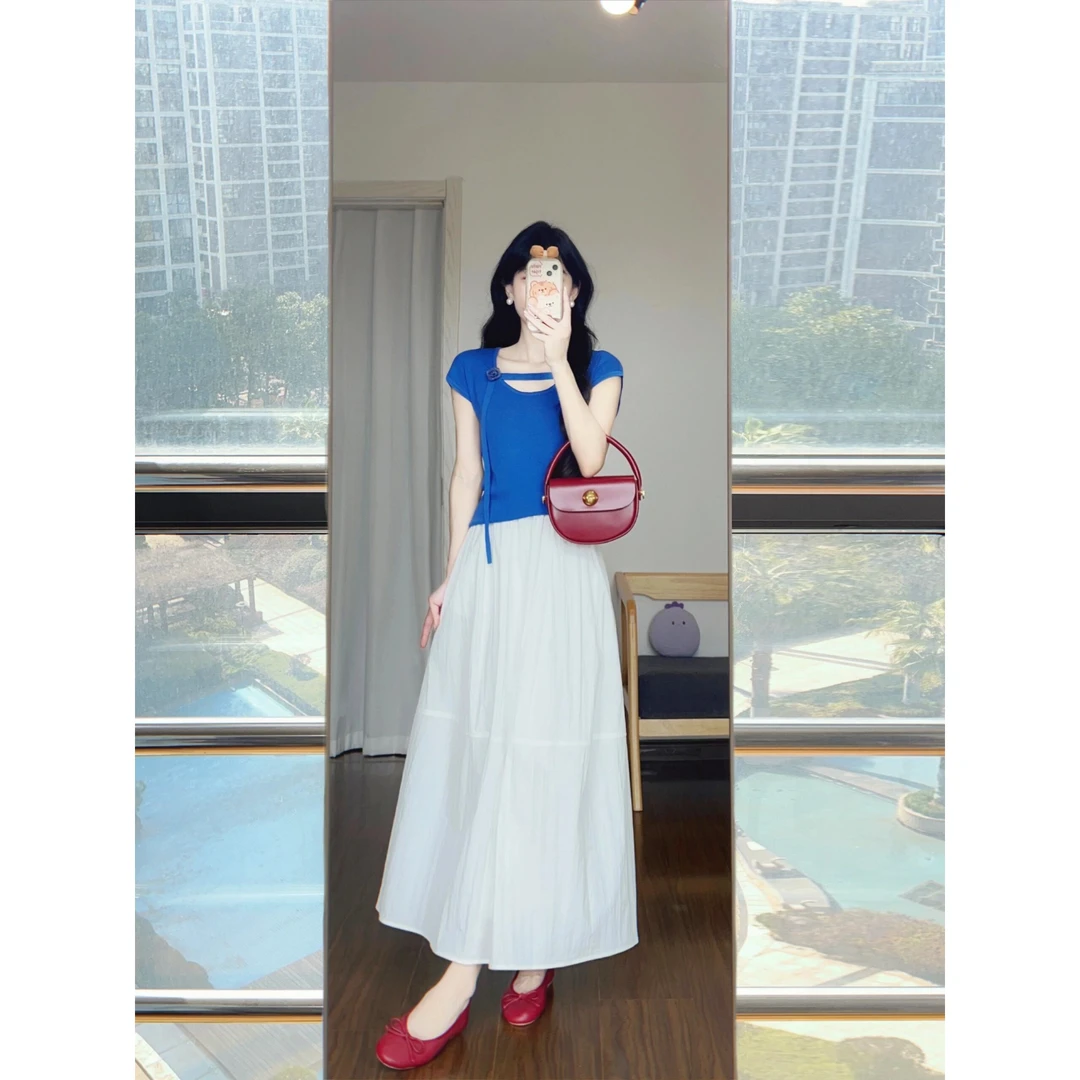 MARIE.COCO法式花朵系带蓝色小飞袖修身显瘦上衣温柔风半身裙套装