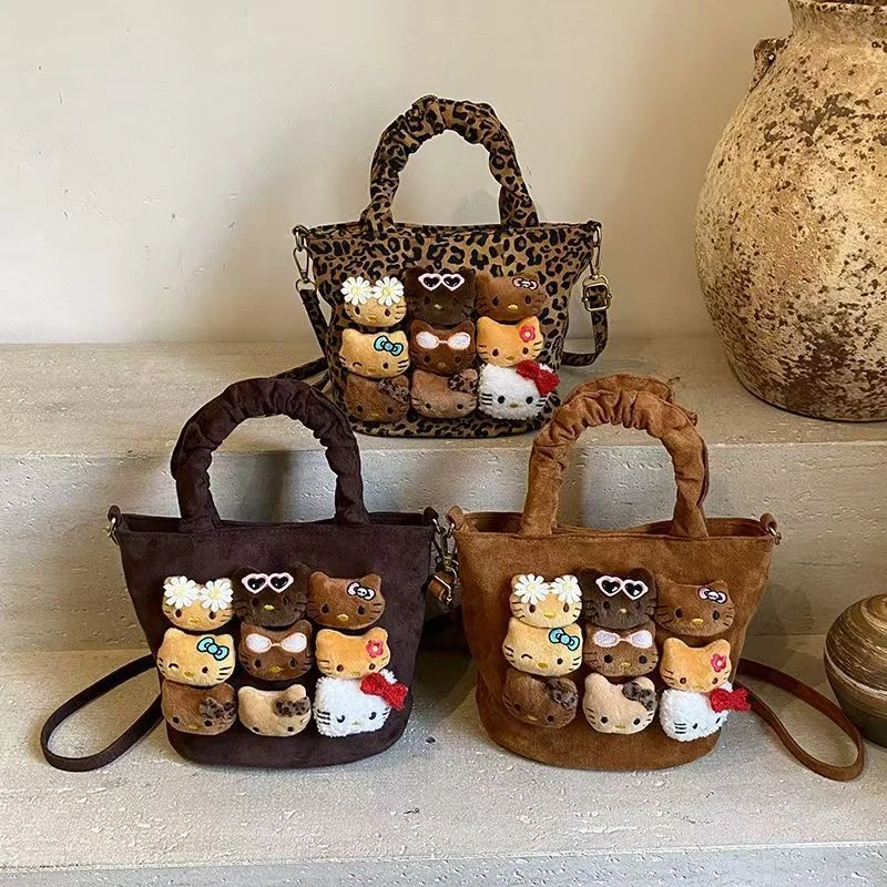 新款秋冬小豹纹流行百搭单肩斜挎包可爱卡通猫咪时尚手提水桶包