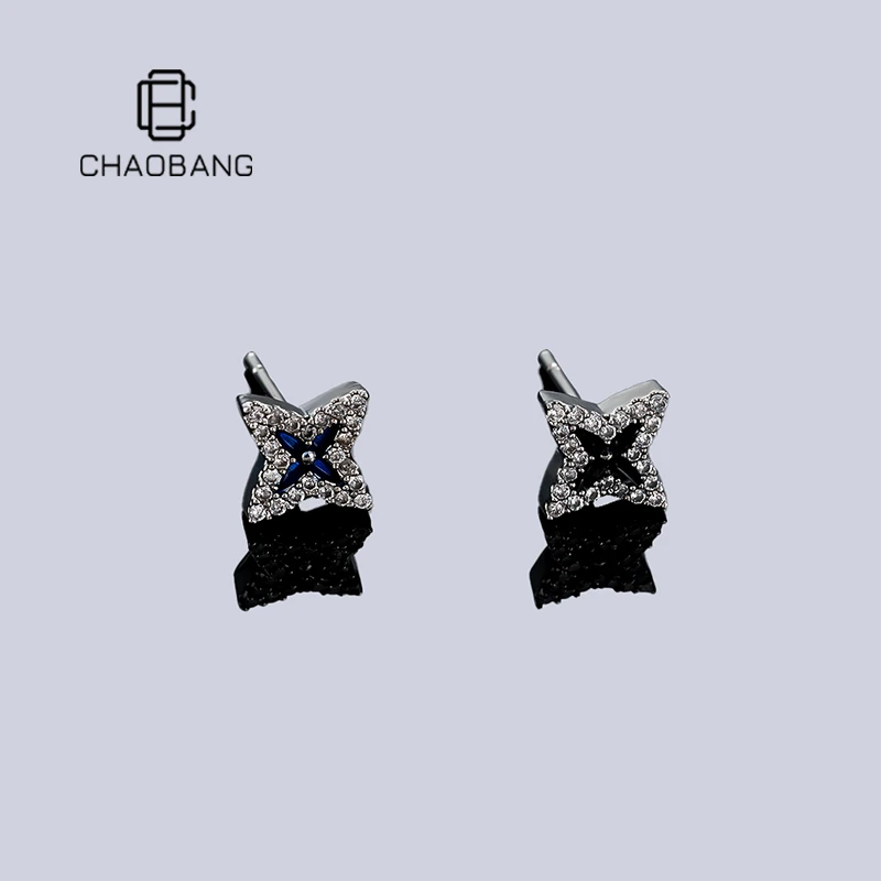 chaobang/潮邦 铜合金耳饰 镶钻四叶草耳钉个性耳饰冷淡风饰品