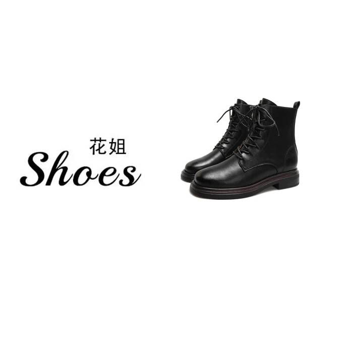 Ls8173-3黑色平底马丁靴女初秋新款复古圆头厚底粗跟系带短筒靴