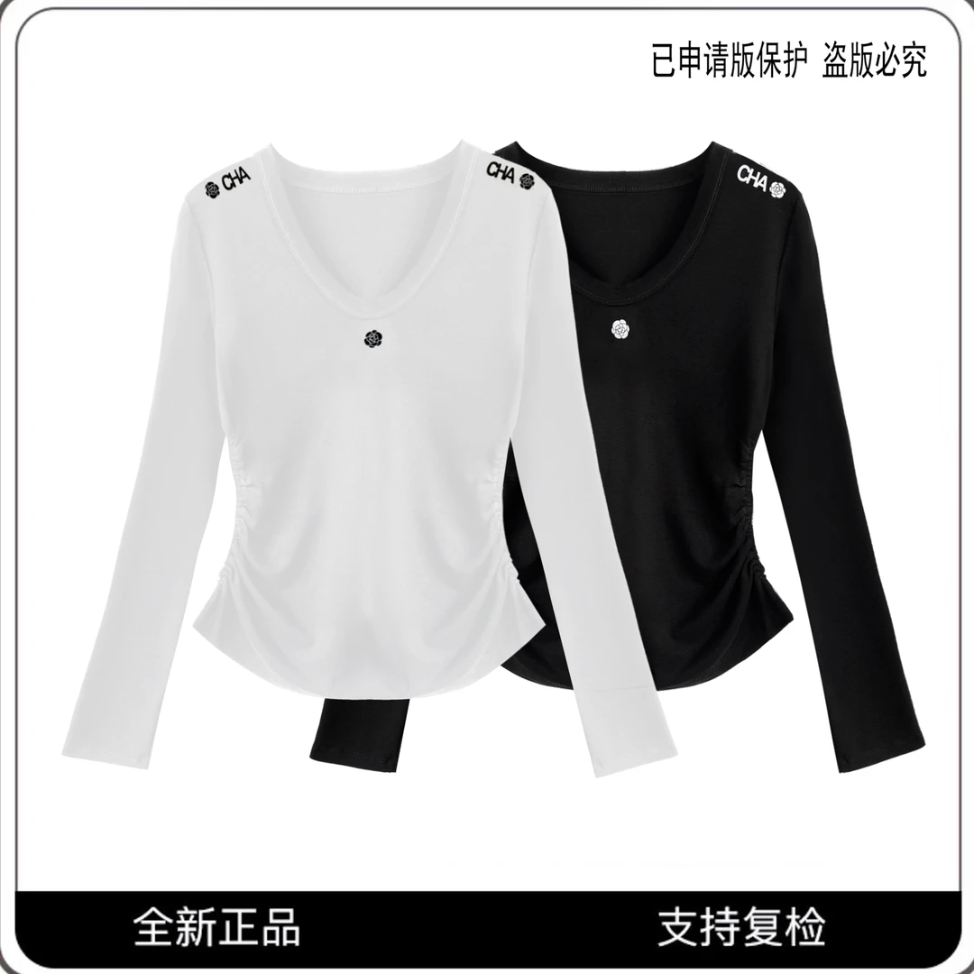 63613#CSIN时尚山茶花收腰T恤2025早春显瘦休闲潮流个性小众上衣