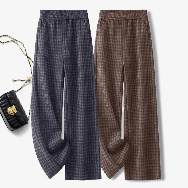 松紧腰格子直筒阔腿裤女2025新款春秋高级感遮跨显瘦休闲长裤女