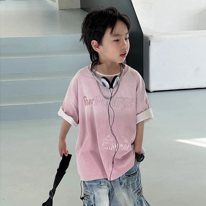 小小郑童装重工浅粉色渐变字母宽松帅气男孩半袖T恤儿童短袖男孩