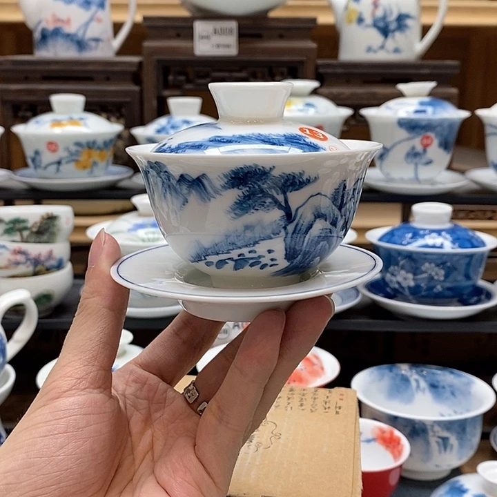 纯手绘山居图盖碗120cc 釉下彩微瑕福利款