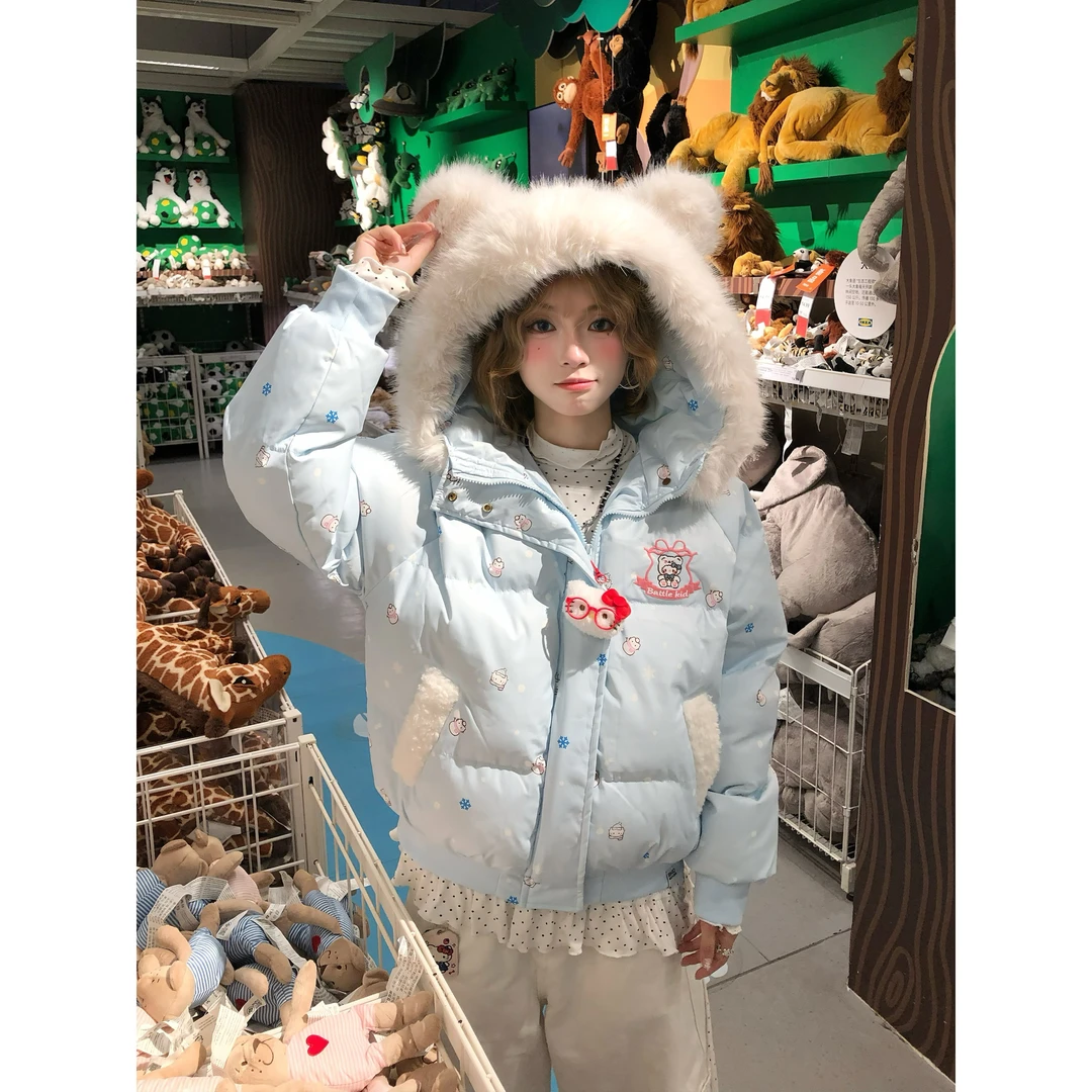 文文不乖原创KT挂件毛领耳朵连帽棉服女秋冬可爱软萌加厚保暖棉衣