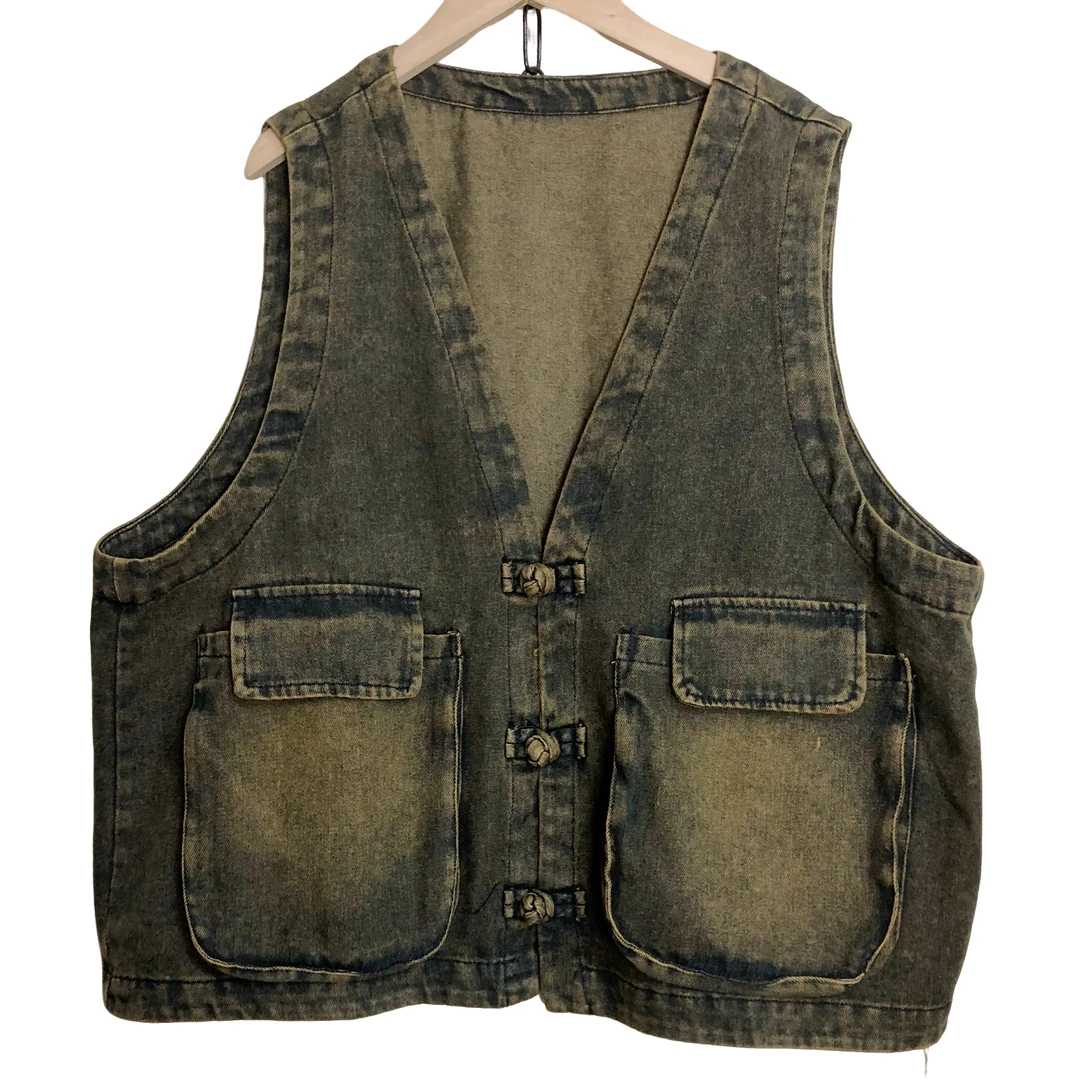 【铃铃】春夏炒色百搭重工文艺三盘扣纯色软牛仔马甲胸围132衣长61