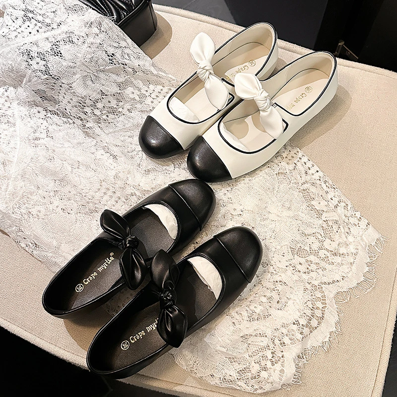 妮妮公主~2025小香风拼色圆头蝴蝶结平底芭蕾单鞋女玛丽珍鞋