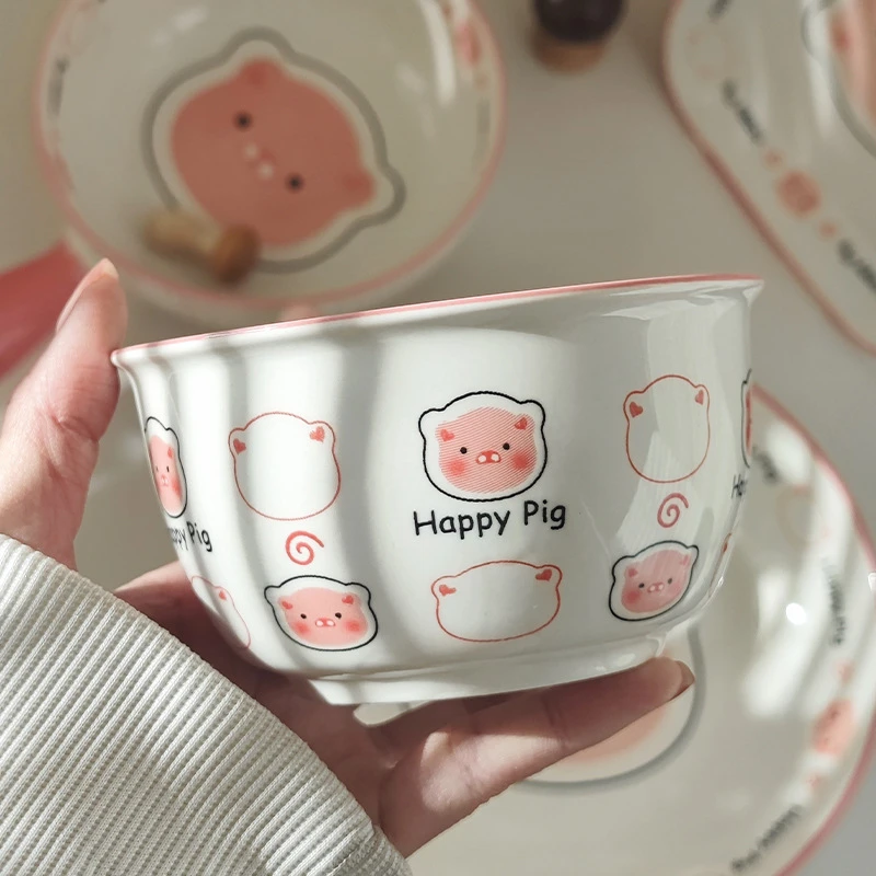卡通可爱猪碗碟盘家用高颜值陶瓷饭碗盘子新款手柄泡面碗餐具饭碗