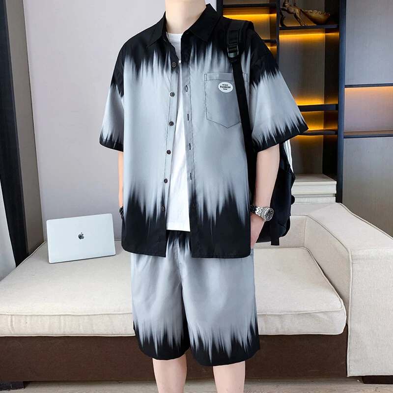 Mexican/稻草人2025新款夏装套装短袖短裤潮流帅气凉感冰丝衬衫男