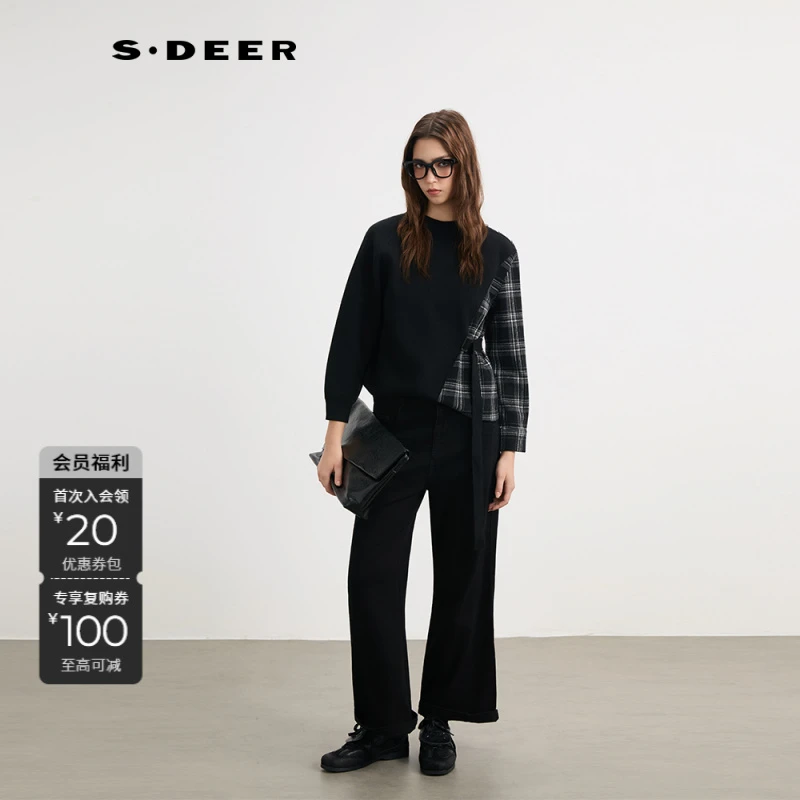 S·DEER圣迪奥时尚气质轻奢长袖针织时尚休闲女士黑色圆领上衣