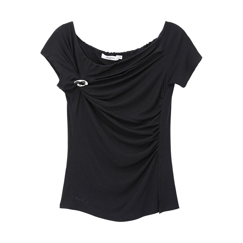 AVVENN2025夏不对称褶皱显瘦T恤女690dopdop买手店