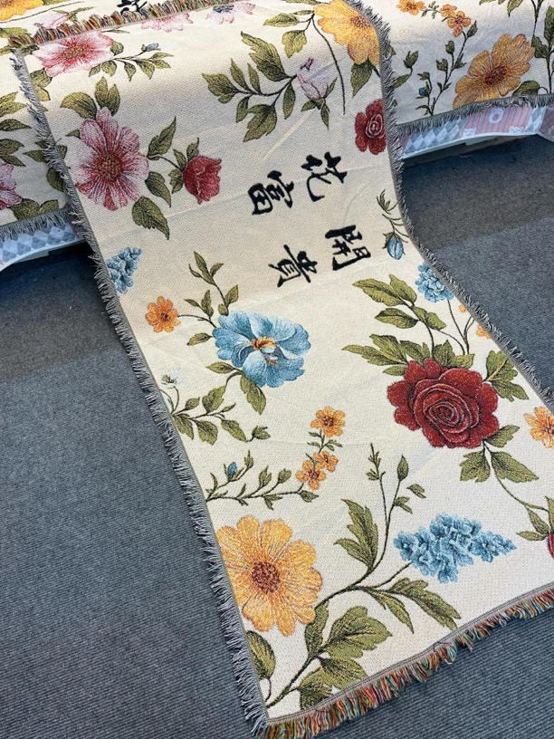 花开富贵四季多功能沙发巾防滑沙发垫棉麻加厚印花民族风老式