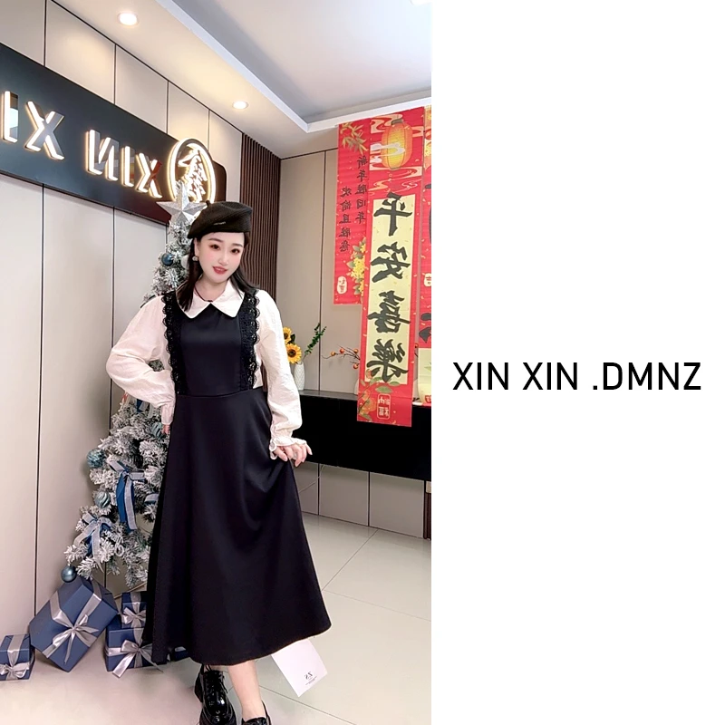 春季新款大码女装时尚气质百搭个性高级感十足长袖蕾丝拼接连衣裙