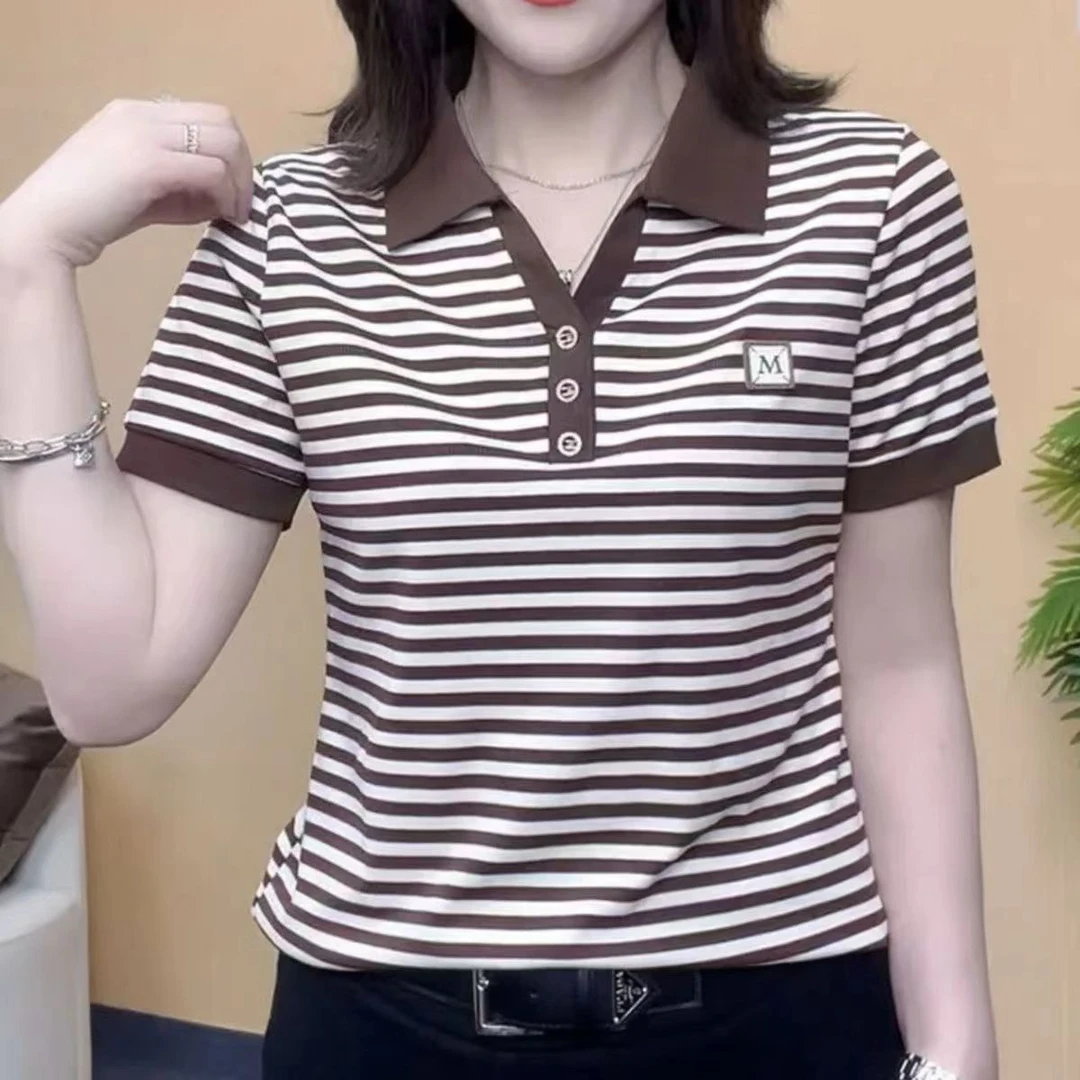 夏季新款条纹t恤女翻领上衣时尚减龄休闲百搭短袖中年妈妈小衫