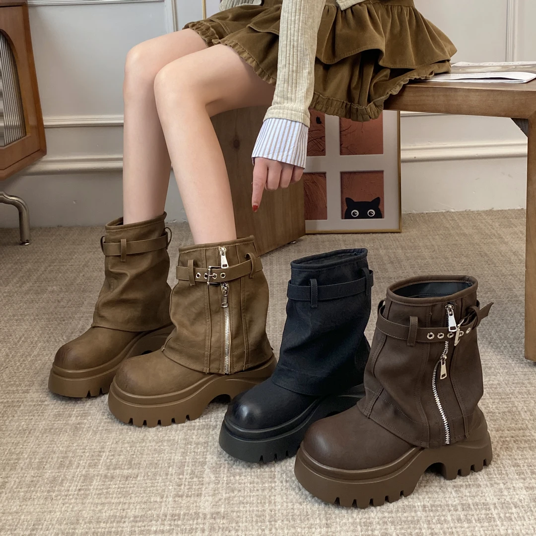 贾不假爆款中筒靴2025秋冬新款厚底小个子百搭气质显瘦休闲风女靴