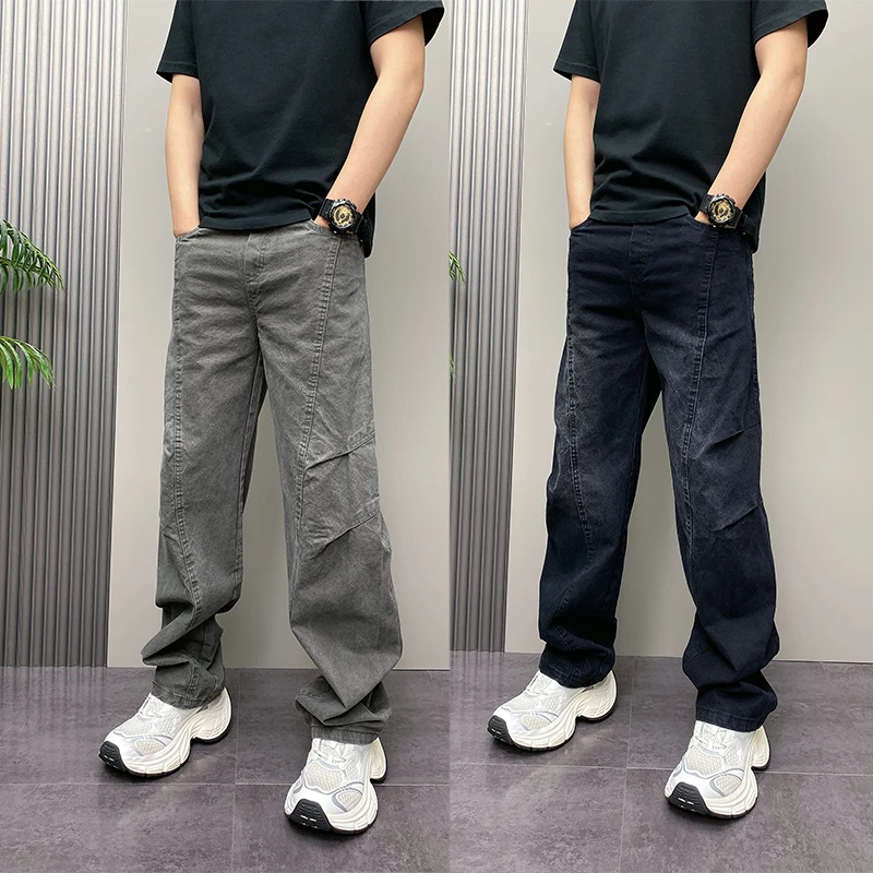 2025秋冬新款潮牌拼接设计感弯刀裤男美式高街痞帅宽松直筒休闲裤