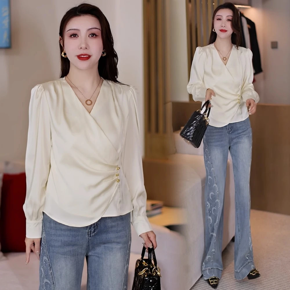 法式褶皱缎面长袖衬衫女2025春装新款小个子气质V领收腰显瘦上衣