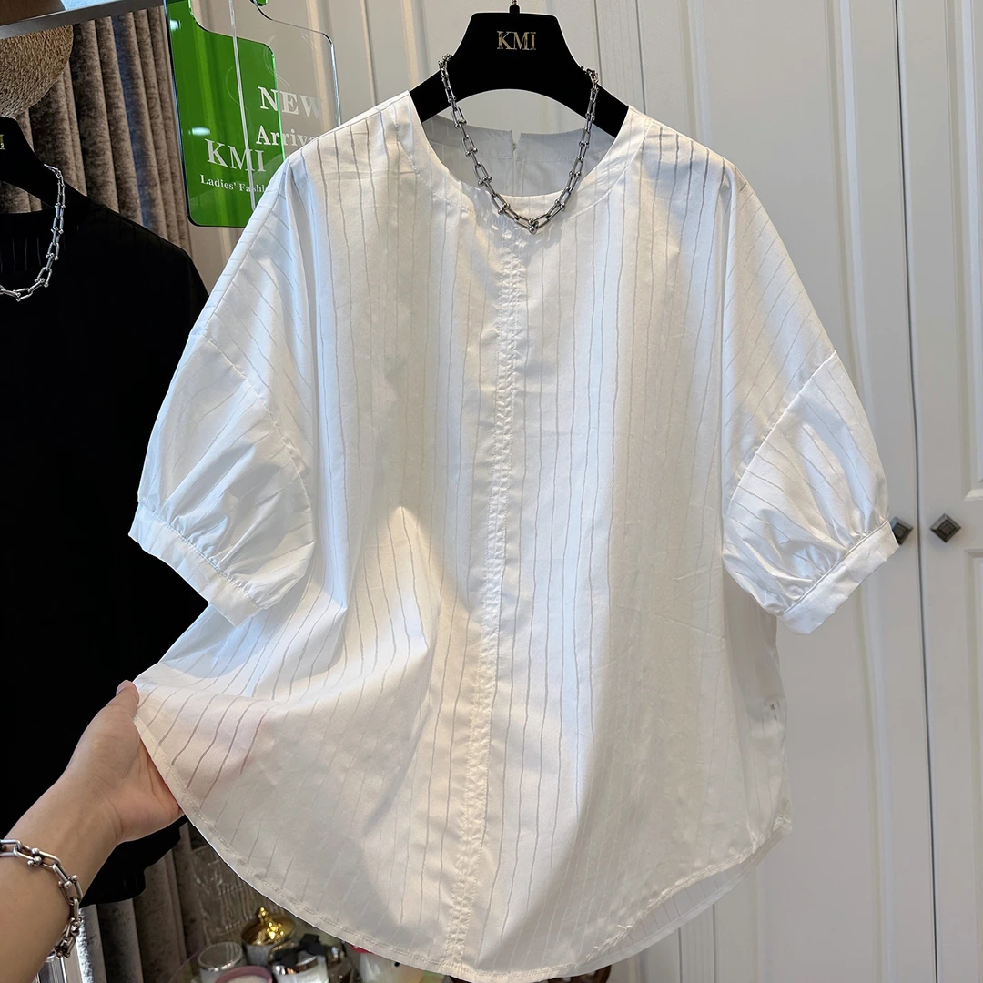胖妹妹240斤大码超好看竖条纹微透短袖衬衫女夏季气质减龄上衣ins