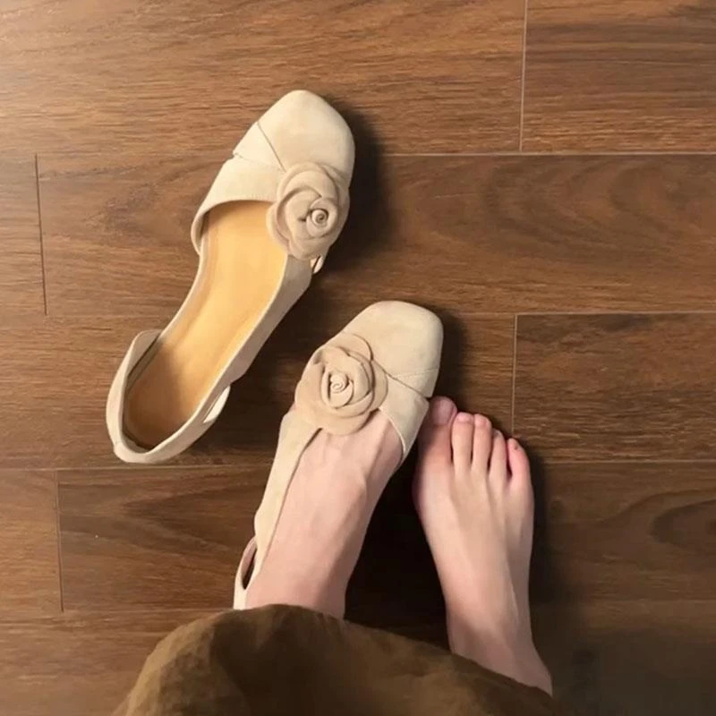 牛皮版~法式复古花朵浅口单鞋女新款百搭休闲平底玛丽珍鞋女