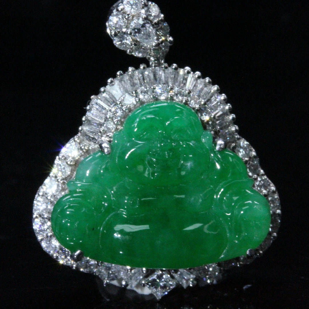 天然缅甸翡翠A货18K白金镶冰阳绿善缘广进佛公吊坠/1226051/拍卖.