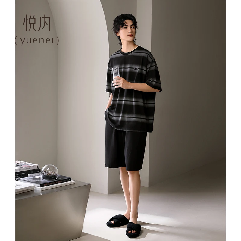 悦内睡衣男士夏季夏天纯棉短袖短裤家居服男款扎染渐变条纹可外穿