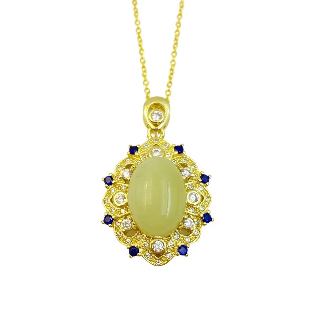 和田玉满钻气质菱形吊坠Y1336（皮绳） 赠包装合金