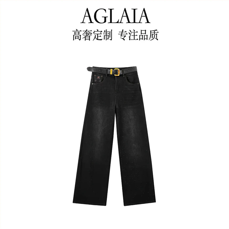 AGLAIA~冬季新款重工烫钻加绒高腰阔腿牛仔裤直筒拖地长裤8322