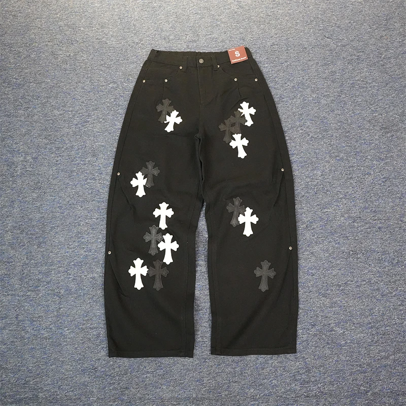 美式复古水洗做旧十字架牛仔裤男女街头修身显瘦直筒阔腿长裤潮款