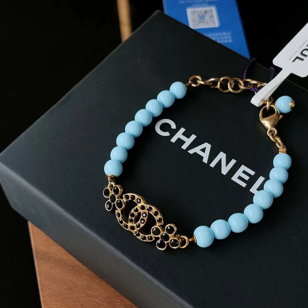 95新 Chanel/香奈儿 Azul-Chanel 23A水钻花朵双C蓝色珠手链45983