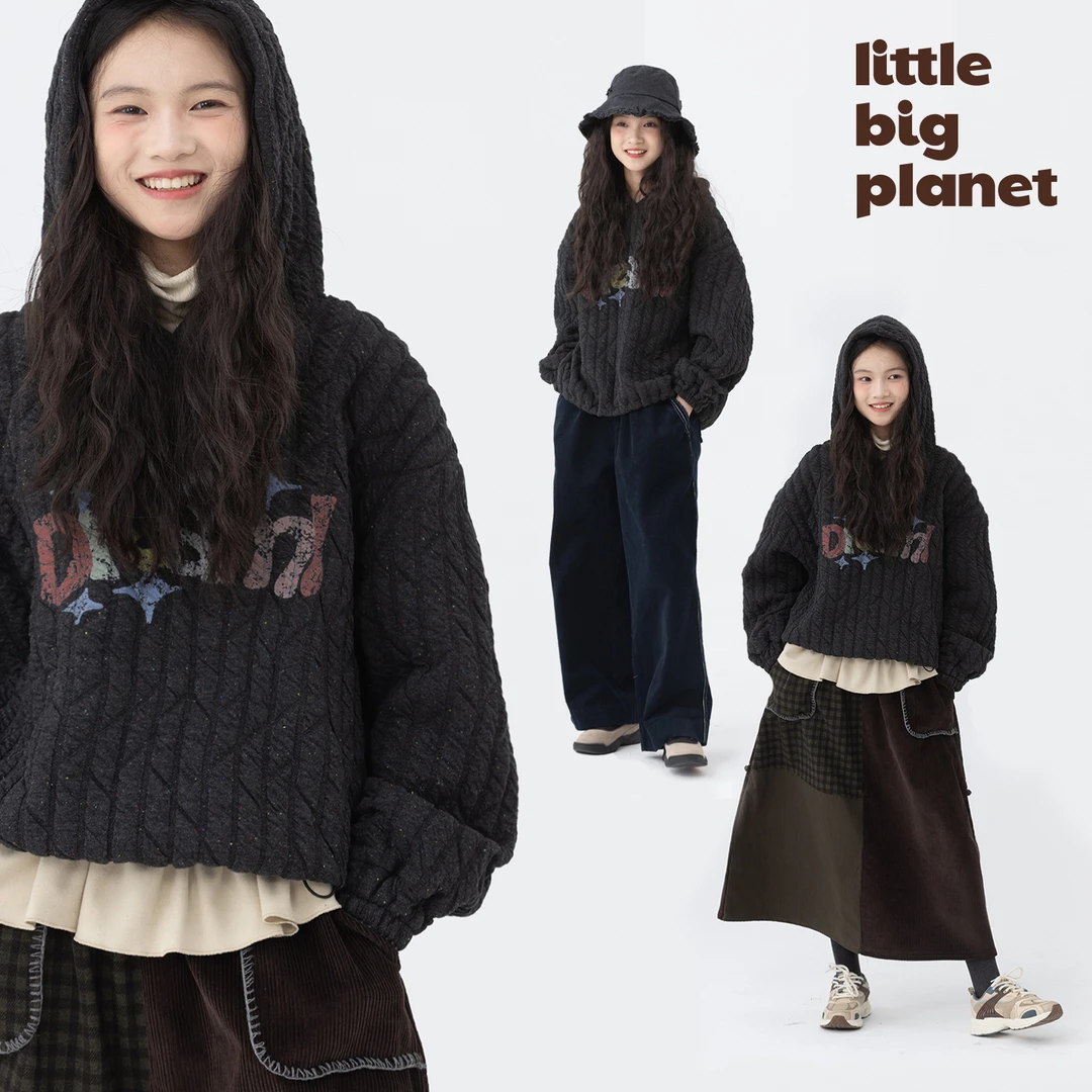 小小大星球童装 彩点夹丝棉印花卫衣 冬日男女童趣味保暖帽衫上衣