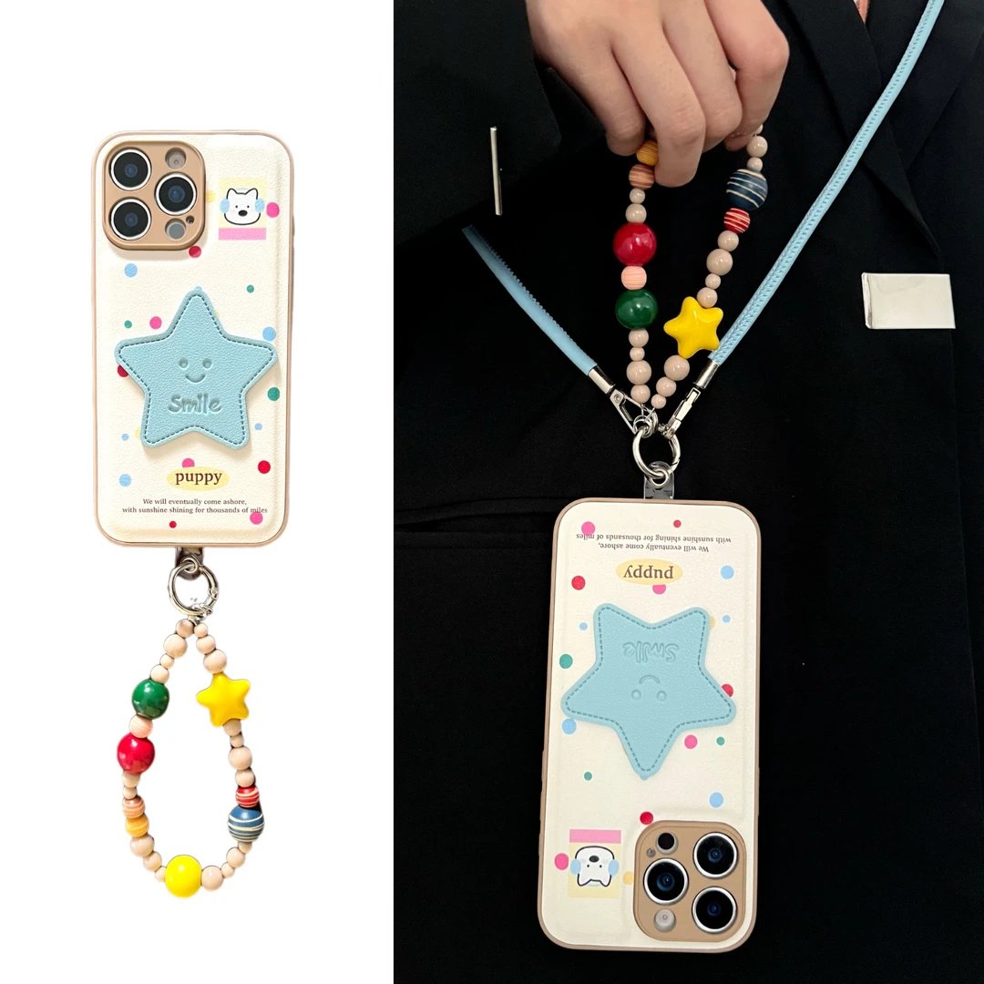 创意皮纹小狗彩波点星星手链适用苹果16/15/14/13女华为p80手机壳