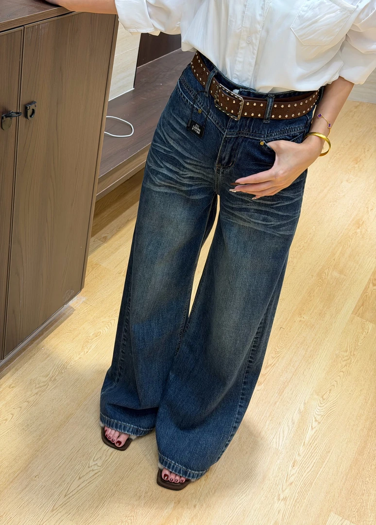 1387复古美式风街头风朋克风女牛仔裤阔腿显瘦修身时尚直筒休闲