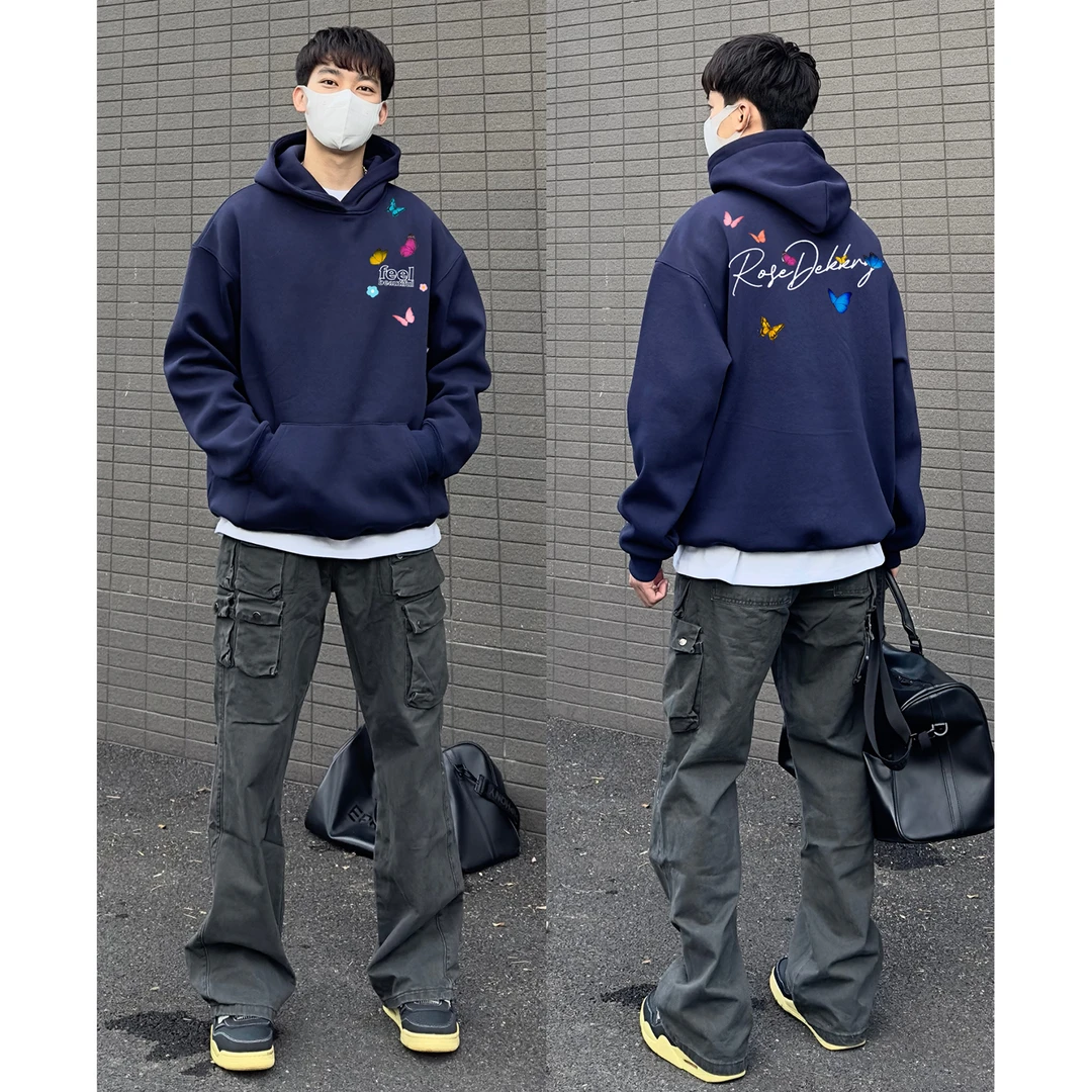 美式鲜花蝴蝶字母印花宽松连帽卫衣男女秋冬季个性休闲情侣上衣潮