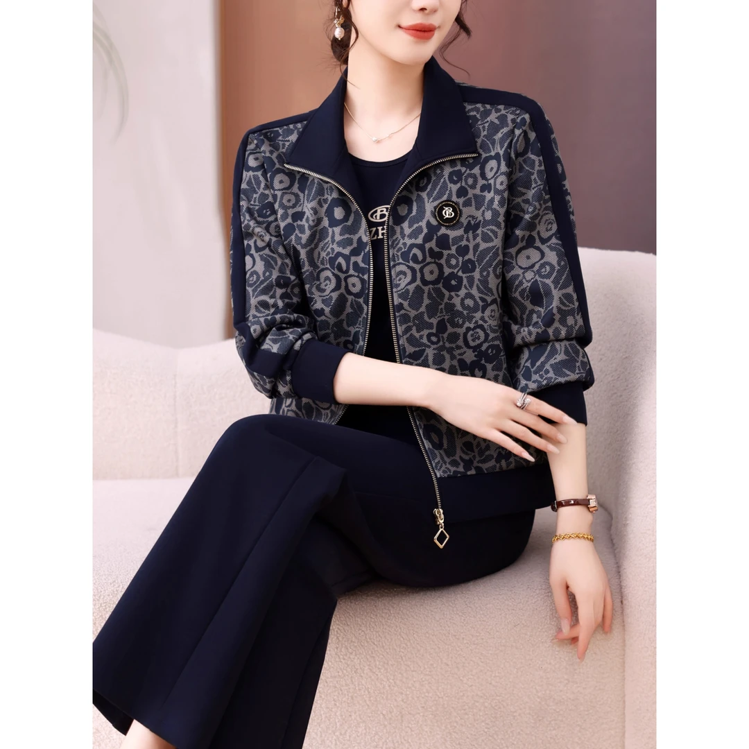 品牌2025春秋新款中老年妈妈装休闲套装印花翻领拉链外套三件套